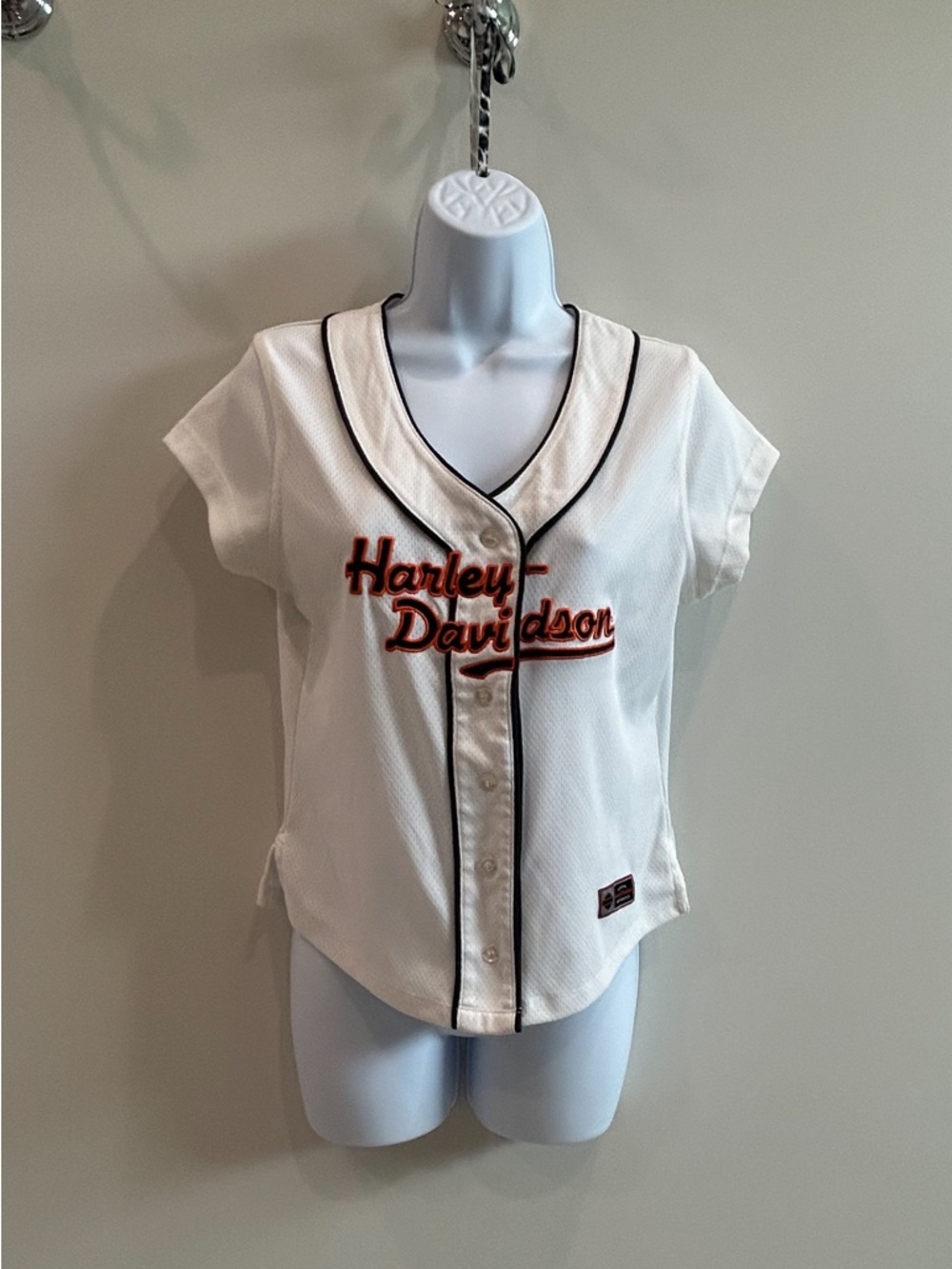 Harley-Davidson Women’s White Jersey with Black Piping and Orange Logo